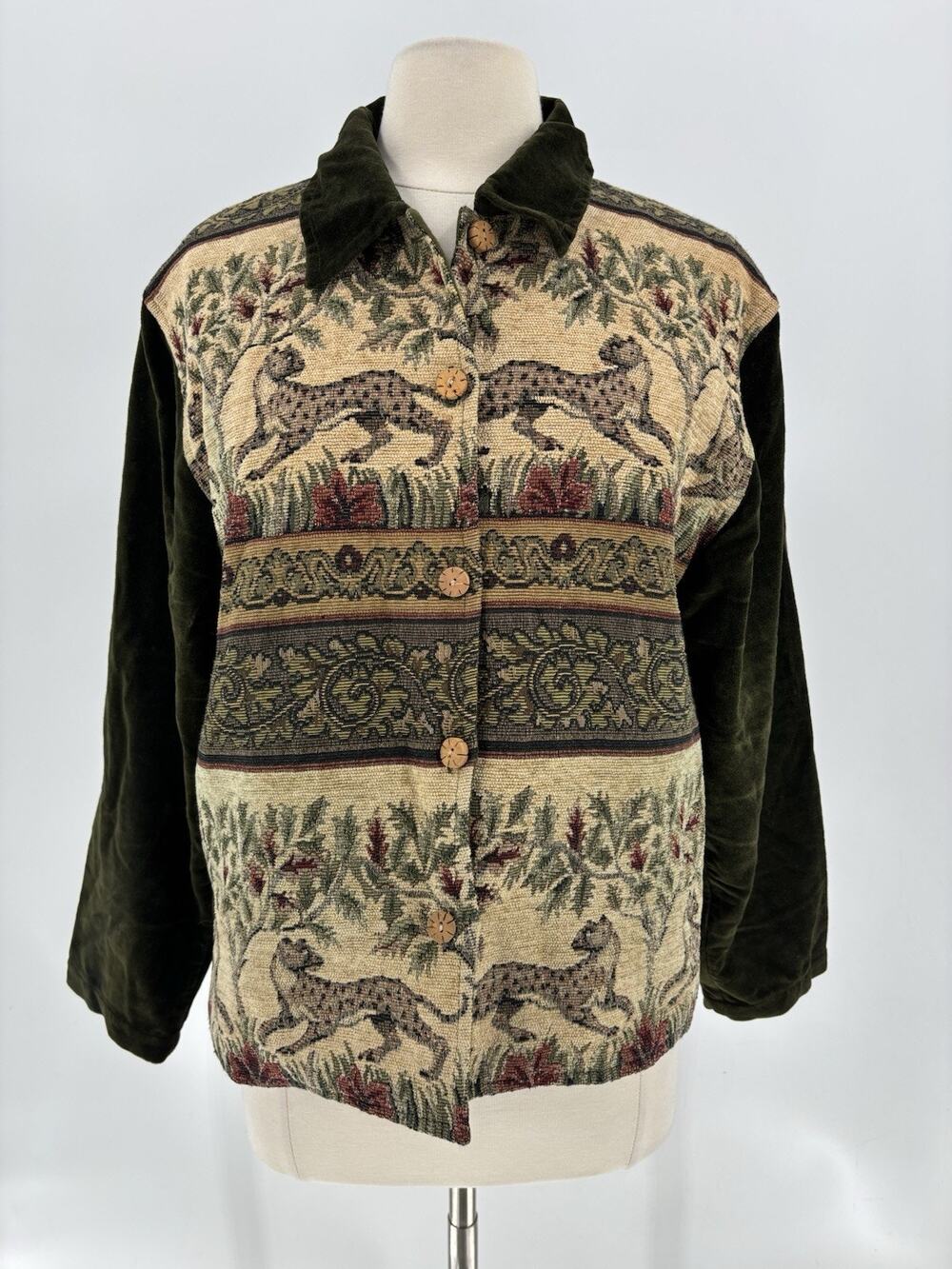 Vintage Tantrums Jacket Womens Medium Green Velvet Leopard Buttons Tapestry